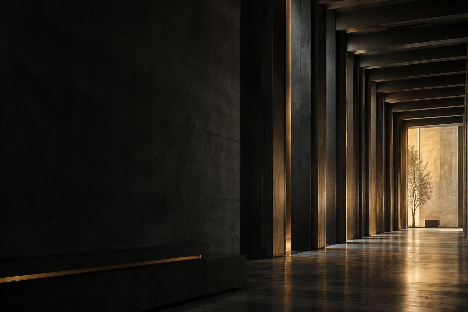 Arquitetura de linhas e passagens que conduzem a um espaço iluminado